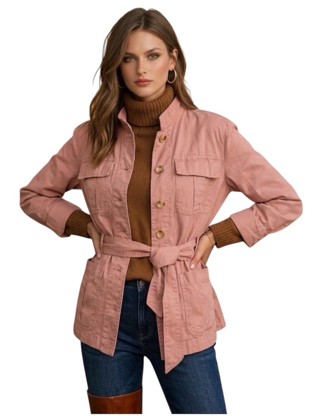 LOFT Pink Cotton Belted Safari Utility Jacket Size L Fall Layering Cargo